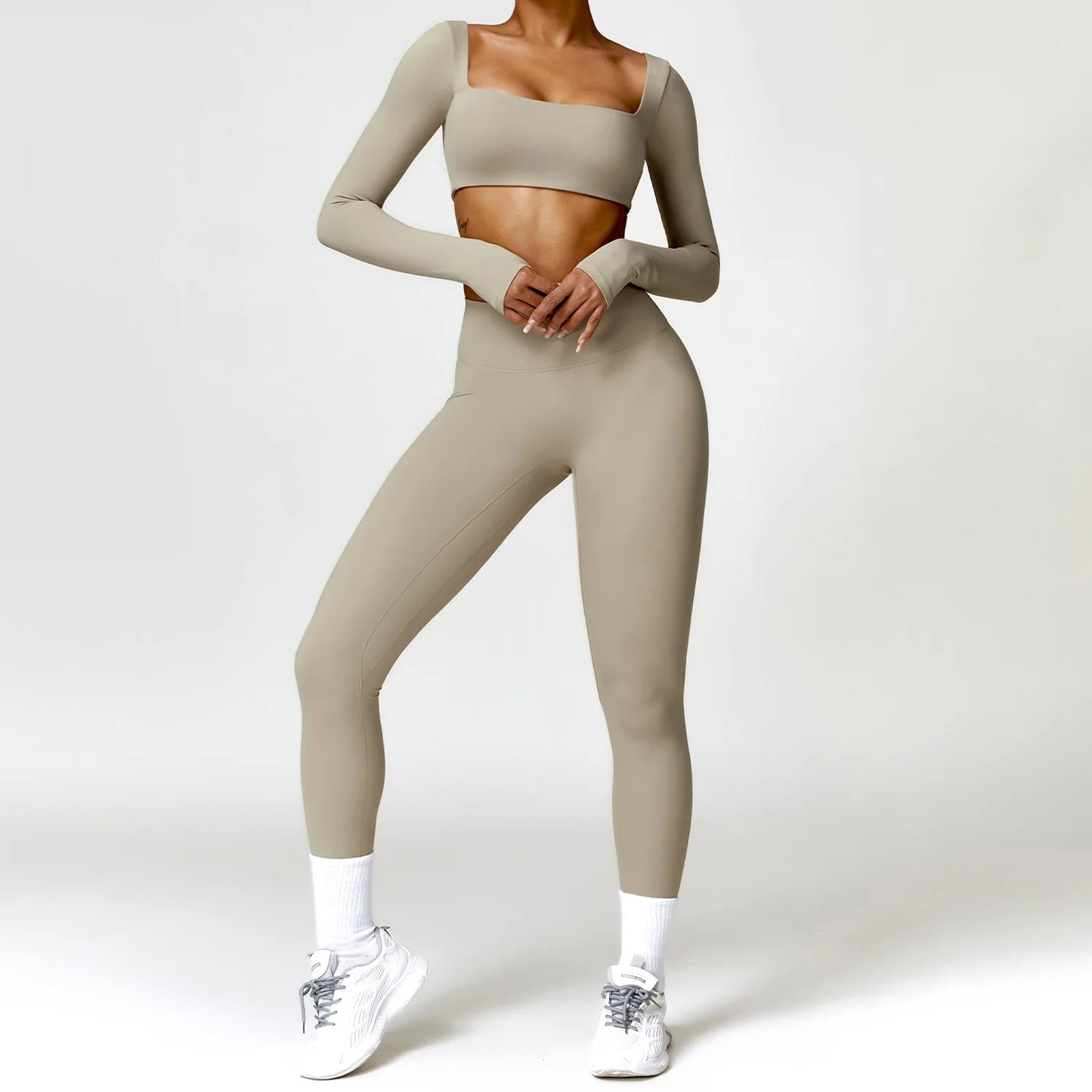 2PCS Women Tracksuit Yoga Set Sportswear Workout Athletic Wear Gym Legging Fitness Crop Top Long Sleeve Sports Suits Push Up
