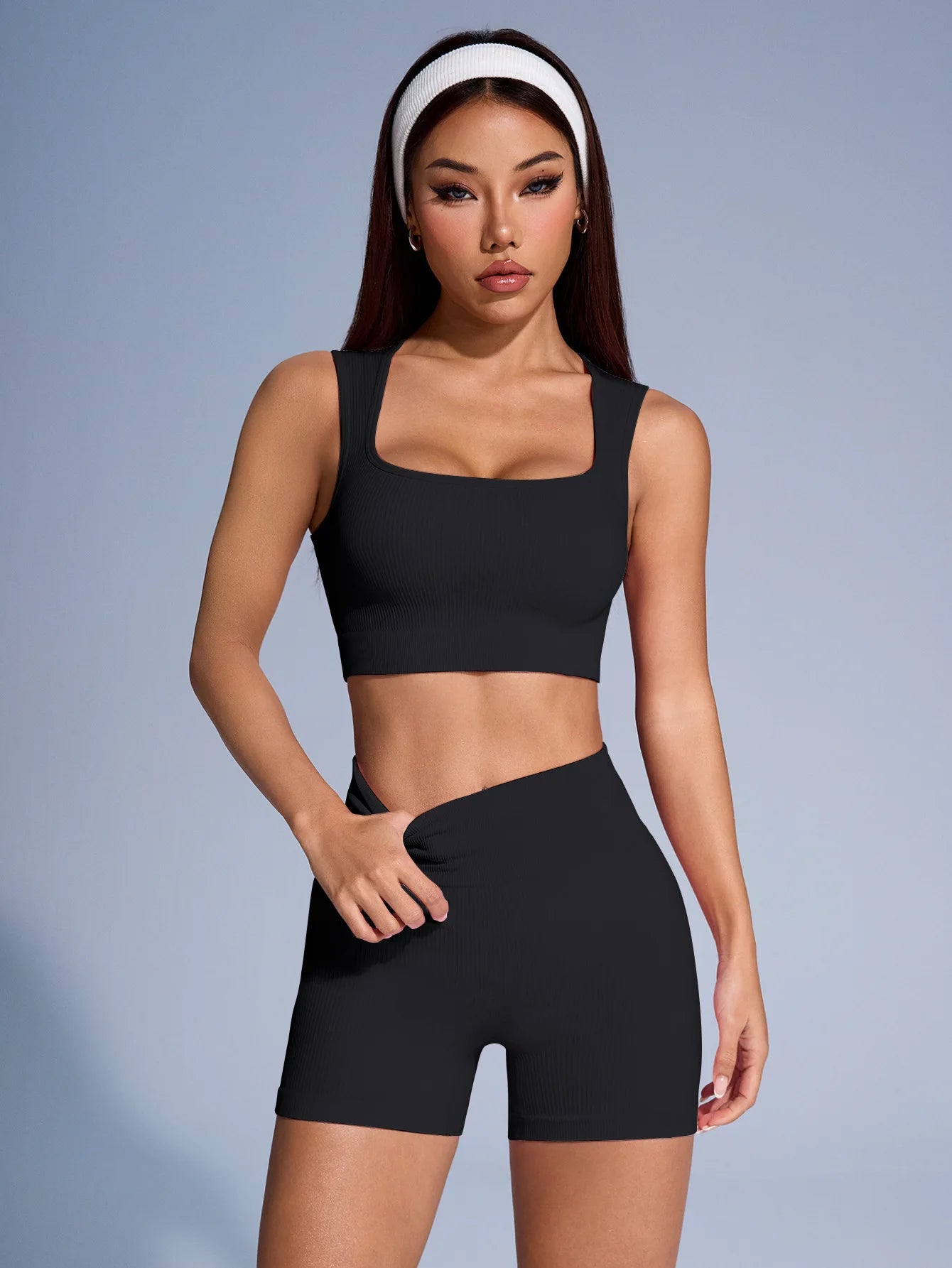 Seamless Ribbed Yoga Sets Workout Sets for Women 2 Pieces Gym Suits Ribbed Crop Tank High Waist Shorts Outfits Fitness Running
