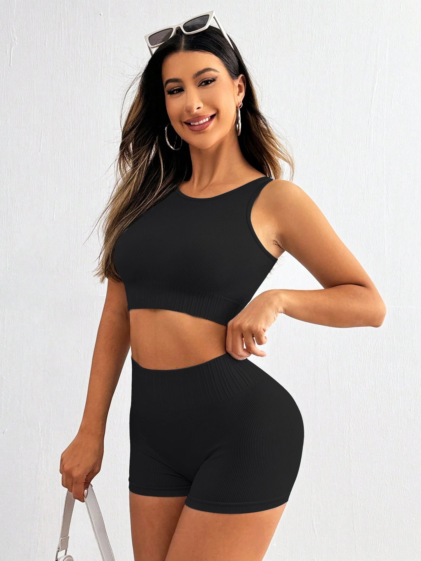 Workout Sets for Women 2 Piece Seamless Crop Tank High Waist Shorts Yoga Outfits