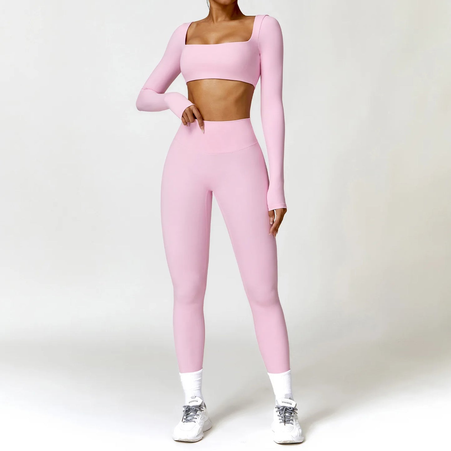 2PCS Women Tracksuit Yoga Set Sportswear Workout Athletic Wear Gym Legging Fitness Crop Top Long Sleeve Sports Suits Push Up