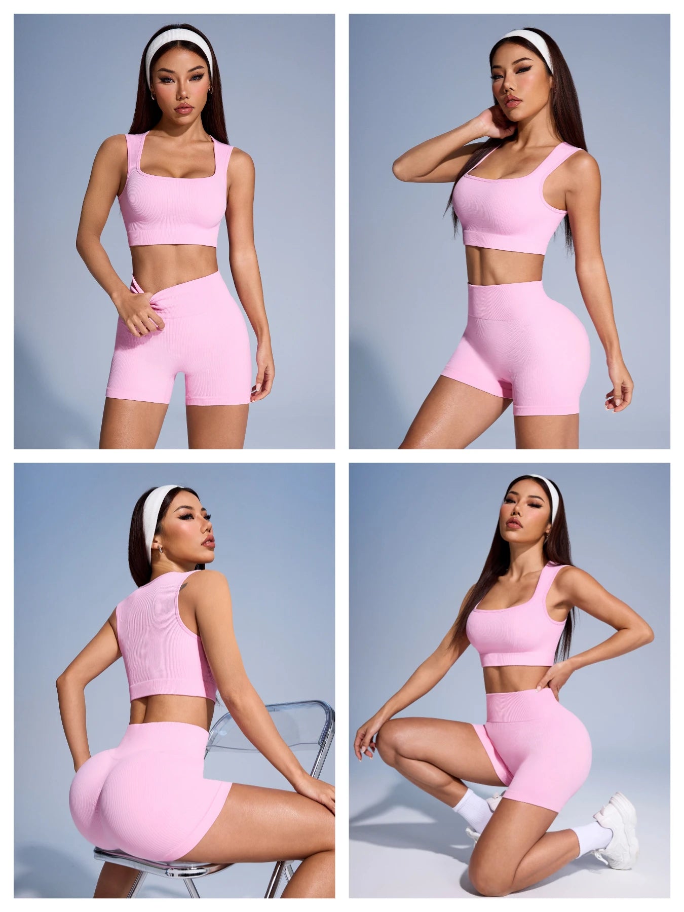 Seamless Ribbed Yoga Sets Workout Sets for Women 2 Pieces Gym Suits Ribbed Crop Tank High Waist Shorts Outfits Fitness Running