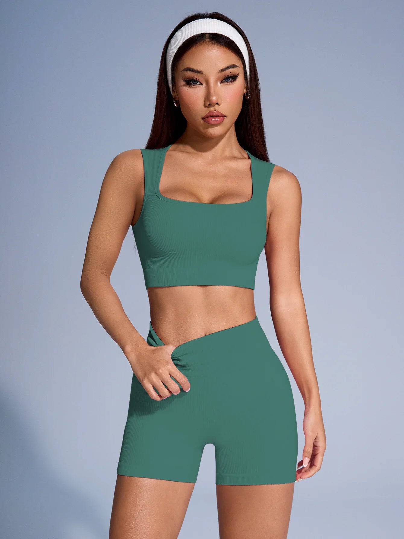 Seamless Ribbed Yoga Sets Workout Sets for Women 2 Pieces Gym Suits Ribbed Crop Tank High Waist Shorts Outfits Fitness Running