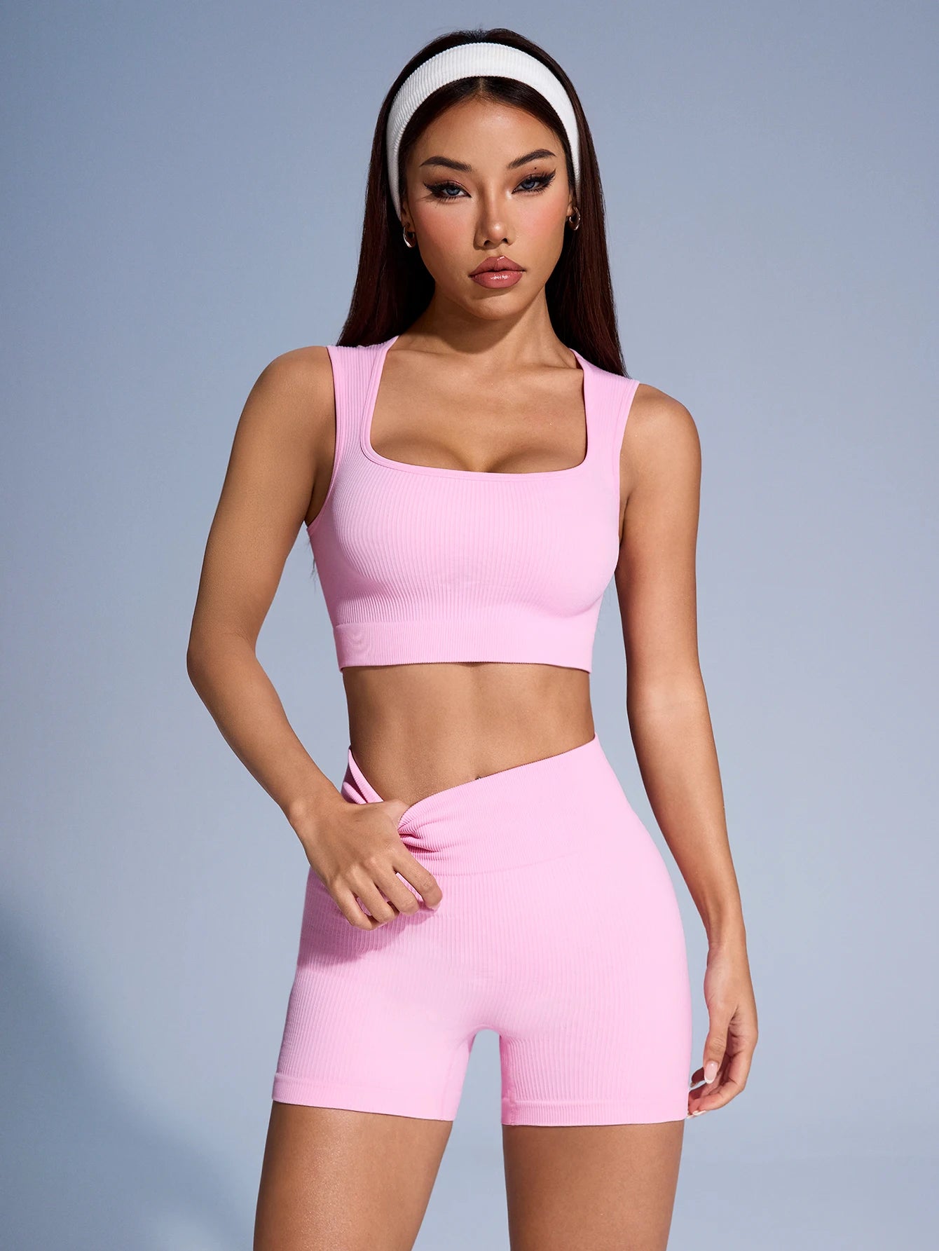 Seamless Ribbed Yoga Sets Workout Sets for Women 2 Pieces Gym Suits Ribbed Crop Tank High Waist Shorts Outfits Fitness Running