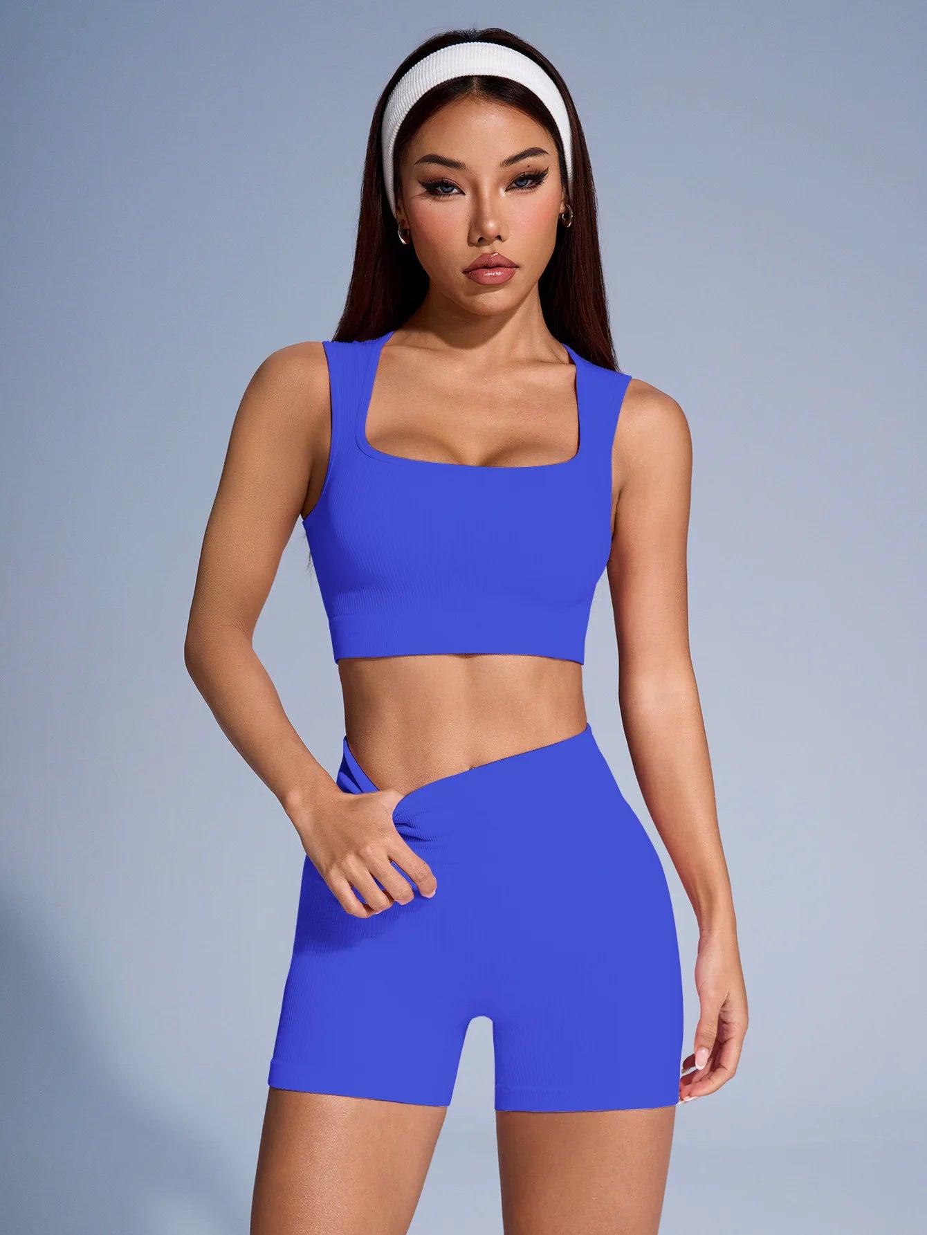 Seamless Ribbed Yoga Sets Workout Sets for Women 2 Pieces Gym Suits Ribbed Crop Tank High Waist Shorts Outfits Fitness Running