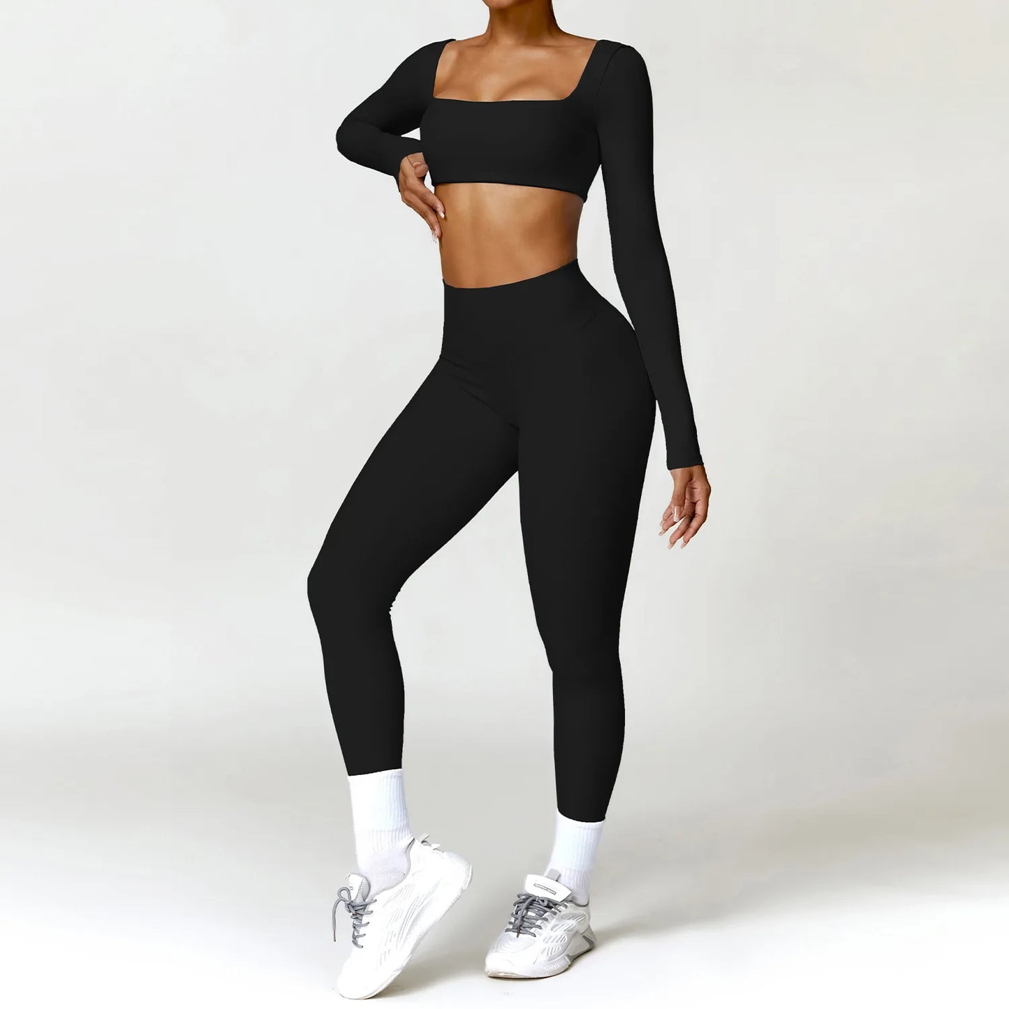 2PCS Women Tracksuit Yoga Set Sportswear Workout Athletic Wear Gym Legging Fitness Crop Top Long Sleeve Sports Suits Push Up