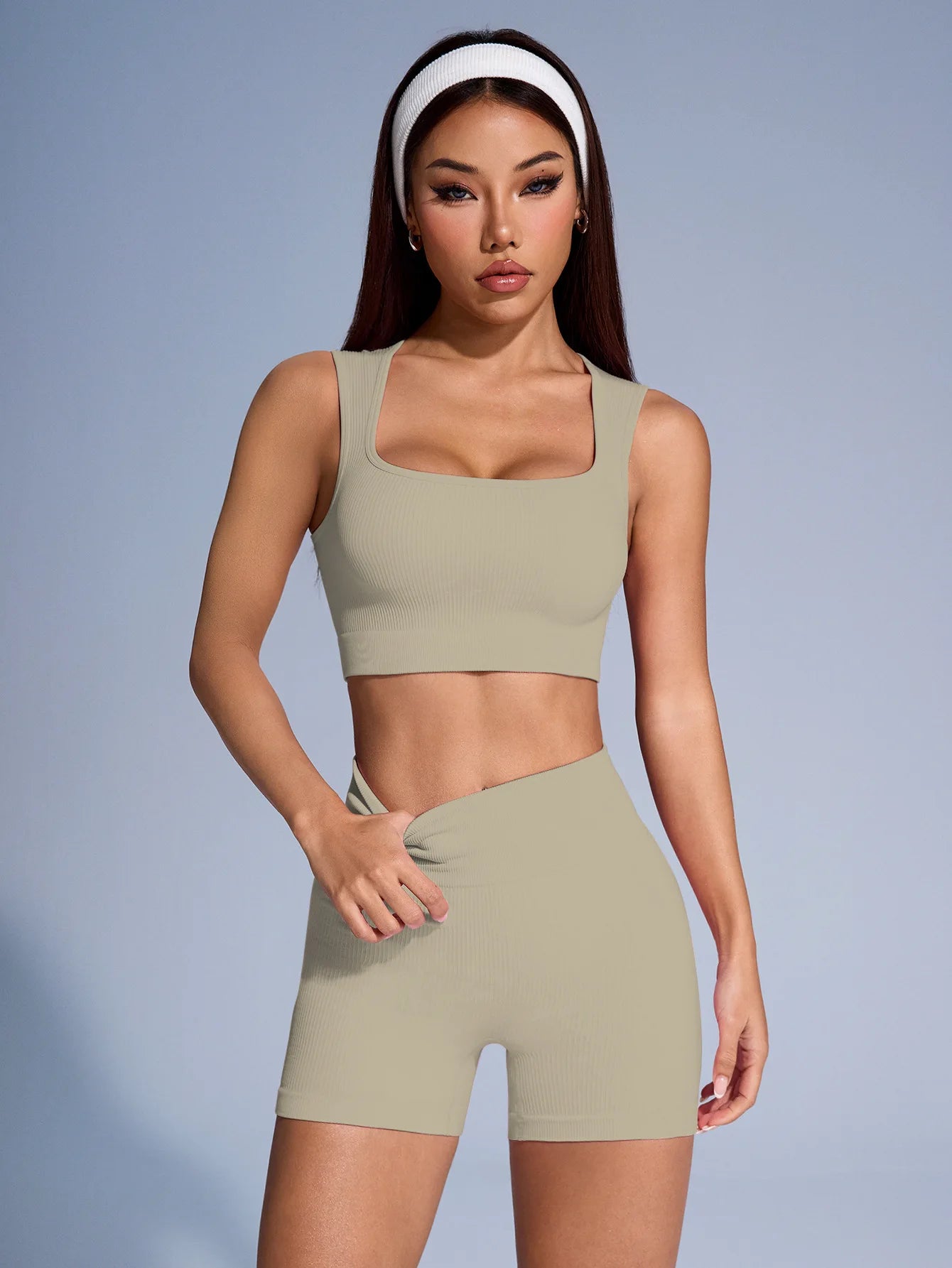 Seamless Ribbed Yoga Sets Workout Sets for Women 2 Pieces Gym Suits Ribbed Crop Tank High Waist Shorts Outfits Fitness Running